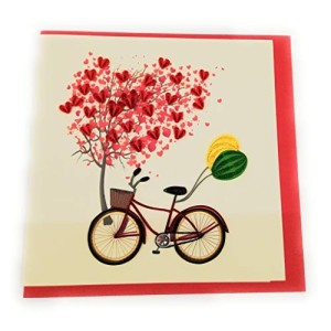 Biglietto D'Auguri Quilling Fatto a Mano "Due cuori in bicicletta"