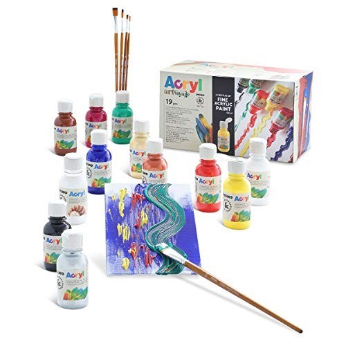 Set Artistico 12 Bottiglie Acrilici 125ml + 5 Pennelli e 2 Tele