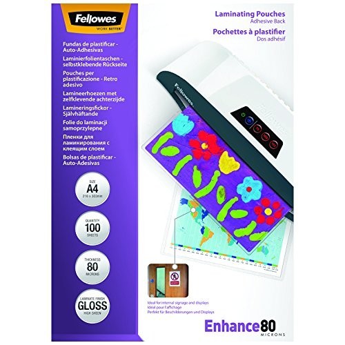 Pouches Fellowes 5302202Enhance80 con Retro Adesivo, Formato A4, 80 Micron, Confezione da 100 Pezzi