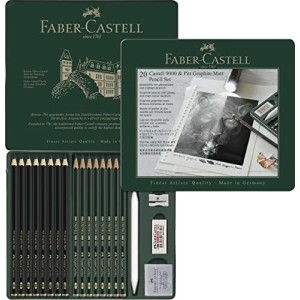 Faber-Castell 115224 - Set in Metallo di matite Pitt Graphite Matt & Castell 9000, 20 pezzi, incl. salvietta per carta, gomma, 