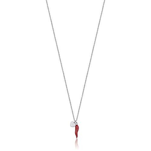 COLLANA DONNA IN ACCIAIO CON CUORE E CORNO ROSSO