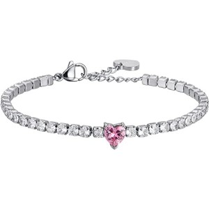 BRACCIALE DONNA IN ACCIAIO CON CRISTALLI BIANCHI E CUORE CRISTALLO ROSA