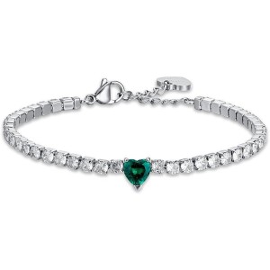 BRACCIALE TENNIS DONNA IN ACCIAIO CON CRISTALLI BIANCHI E CUORE CRISTALLO VERDE