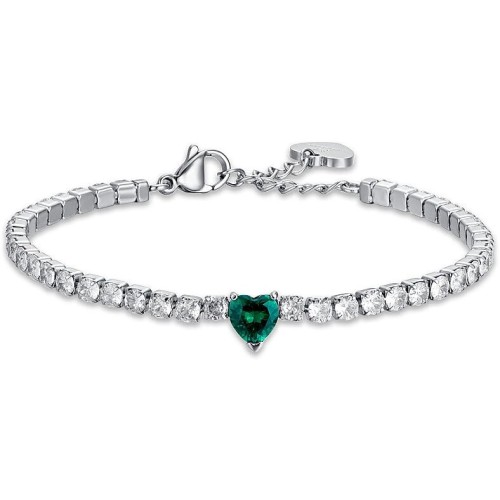 BRACCIALE TENNIS DONNA IN ACCIAIO CON CRISTALLI BIANCHI E CUORE CRISTALLO VERDE