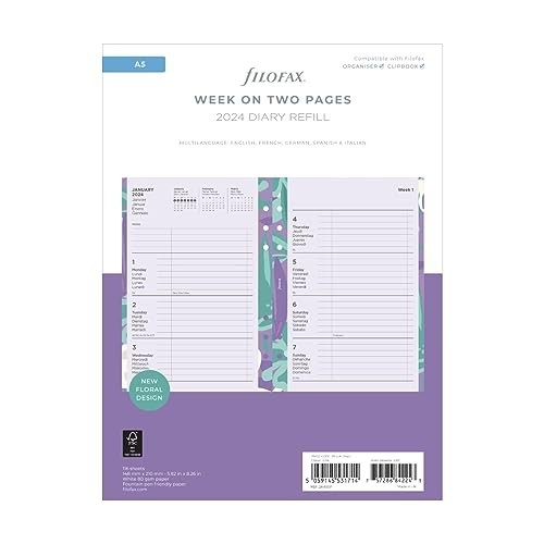 Ricambio Filofax 2024 A5 Floral Diario settimanale su Due Pagine