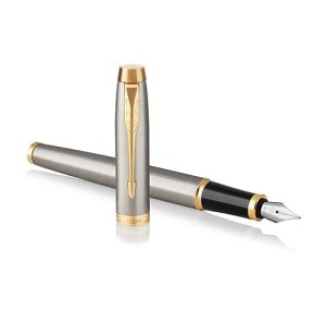 Penna Parker IM Stilografica, Punta Media e Ricarica di Inchiostro Blu, Brushed Metal Golden Trim