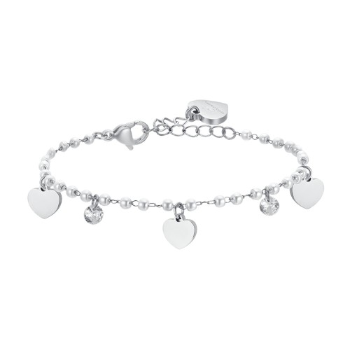 BRACCIALE DONNA IN ACCIAIO CON PERLE CON CUORI