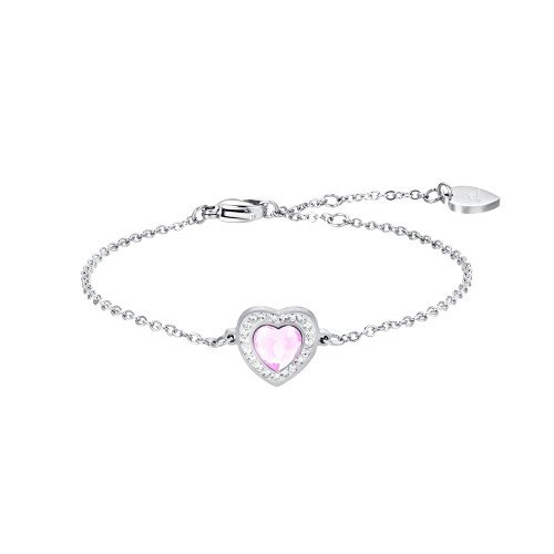 BRACCIALE DONNA IN ACCIAIO CUORE CRISTALLO ROSA E CRISTALLI BIANCHI