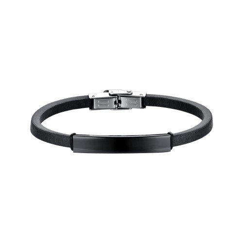 BRACCIALE UOMO IN CUOIO CON PIASTRA IN ACCIAIO IP NERO