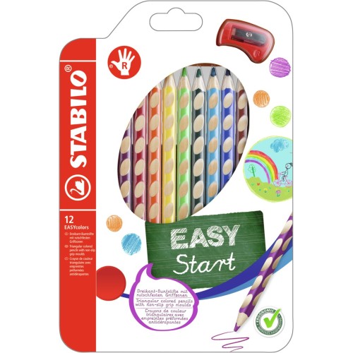 Matita colorata Ergonomica - STABILO EASYcolors - per Destrimani - Astuccio da 12 + temperino - Colori assortiti