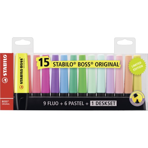 Evidenziatore - STABILO BOSS ORIGINAL Desk-Set - 15 Colori assortiti 9 Neon + 6 Pastel