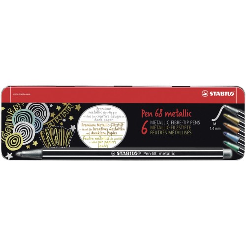 Pennarello Premium Metallizzato - STABILO Pen 68 metallic - Scatola in Metallo da 6 - con 5 colori assoriti