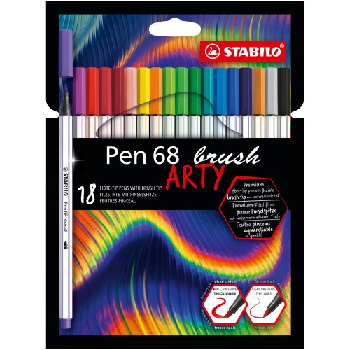 Pennarello Premium con punta a pennello - STABILO Pen 68 brush - ARTY - Astuccio da 18 - Colori assortiti