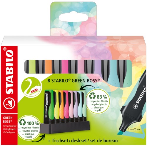 Evidenziatore Ecosostenibile - STABILO GREEN BOSS Pastel Desk-Set - 8 Colori assortiti 4 Neon + 4 Pastel