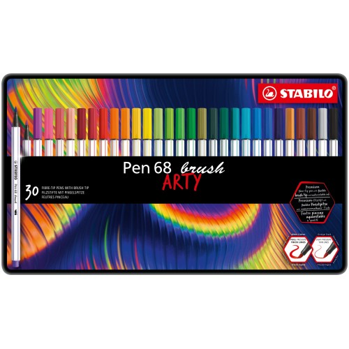 Pennarello Premium con punta a pennello - STABILO Pen 68 brush - ARTY - Scatola in metallo da 30 - Colori assortiti