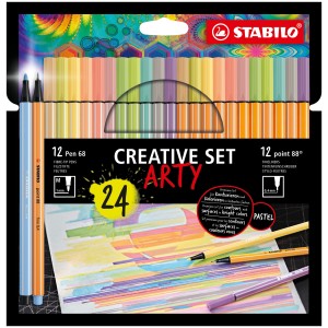 Creative Set STABILO ARTY - STABILO point 88 & Pen 68 - Astuccio da 24 - in colori Pastello assortiti - 11 fineliner point 88, 