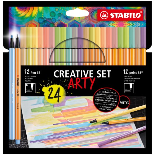 Creative Set STABILO ARTY - STABILO point 88 & Pen 68 - Astuccio da 24 - in colori Pastello assortiti - 11 fineliner point 88, 