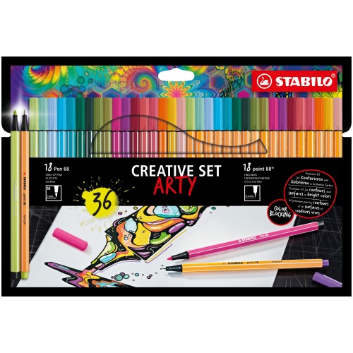 Creative Set STABILO ARTY - STABILO point 88 & Pen 68 - Astuccio da 36 - Colori assortiti - 17 fineliner point 88, 19 pennarell