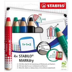 Marcatore per lavagna bianca e a fogli mobili - STABILO MARKdry - Astuccio da 4 con temperino e panno in microfibra - 4 colori 