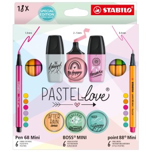 Set Creativo - STABILO Pastellove Set - Pack da 18 - 6 Fineliner Mini, 6 pennarelli premium Mini, 6 evidenziatori Mini