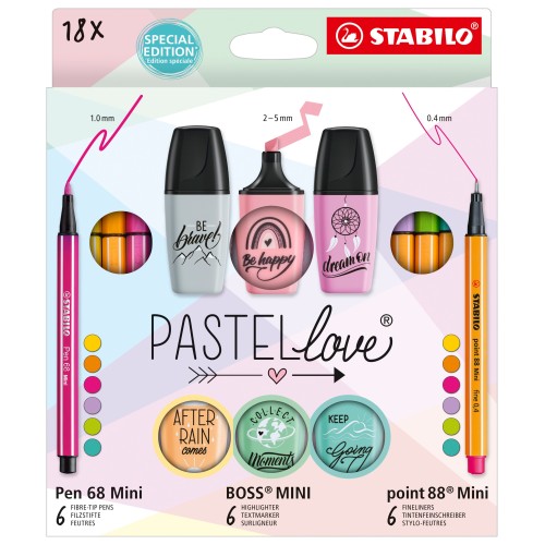 Set Creativo - STABILO Pastellove Set - Pack da 18 - 6 Fineliner Mini, 6 pennarelli premium Mini, 6 evidenziatori Mini