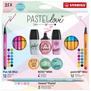 Set Creativo - STABILO Pastellove Set - Pack da 35 - 12 Fineliner Mini, 12 pennarelli premium Mini, 6 evidenziatori Mini, 5 mat