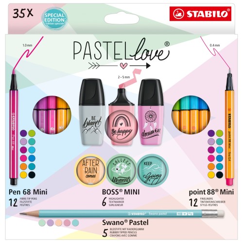 Set Creativo - STABILO Pastellove Set - Pack da 35 - 12 Fineliner Mini, 12 pennarelli premium Mini, 6 evidenziatori Mini, 5 mat