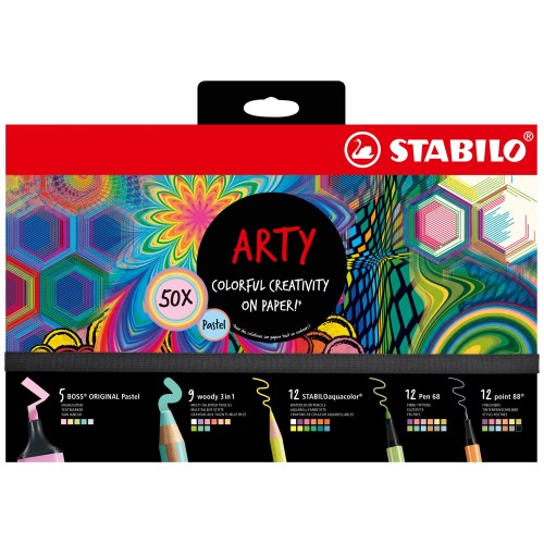 Set Creativo - STABILO ARTY Creative Set Pastel - Cofanetto da 50 - con 5 evidenziatori, 9 matitoni colorati Multi-Funzione, 12