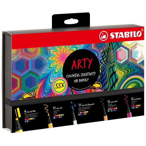 Set Creativo - STABILO ARTY Creative Set - Cofanetto con 55 Pennarelli & Fineliner - 9 STABILO Pen 68 MAX, 11 STABILO Pen 68, 1