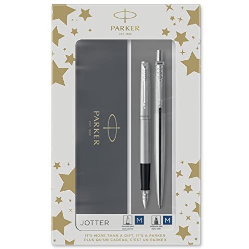 Kit 2 Penne Parker Jotter Set Regalo, Inchiostro Blu, Acciaio, Sfera e Stilo con Astuccio