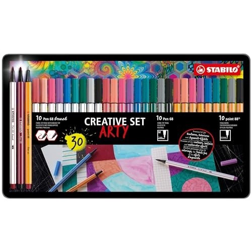 Set Creativo - STABILO ARTY Creative Set - STABILO point 88, Pen 68 & Pen 68 brush - Scatola in metallo da 30 - 10 fineliner po