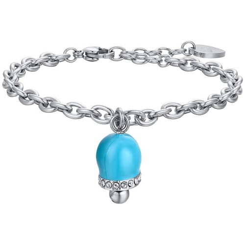 BRACCIALE DONNA IN ACCIAIO CON CAMPANELLA CON SMALTO TURCHESE E CRISTALLI