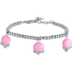 BRACCIALE DONNA IN ACCIAIO CON CAMPANELLE CON SMALTO ROSA E CRISTALLI BIANCHI