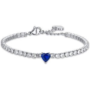 BRACCIALE TENNIS DONNA IN ACCIAIO CON CRISTALLI BIANCHI E CUORE CRISTALLO BLU