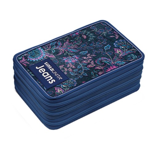 Astuccio 3 Zip Tinta Unita Jeans Flowers