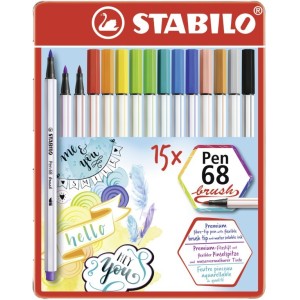 Pennarello Premium con punta a pennello - STABILO Pen 68 brush - Scatola in metallo da 15 - con 15 colori assortiti