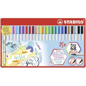 Pennarello Premium con punta a pennello - STABILO Pen 68 brush - Scatola in metallo da 25 - con 19 colori assortiti